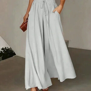 Grey Casual Women's Loose Wide Leg Pants With Pockets